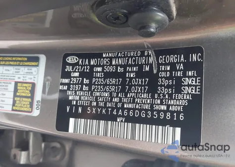 2013 Kia Sorento Lx from USA, damaged, VIN 5XYKT4A66DG359816